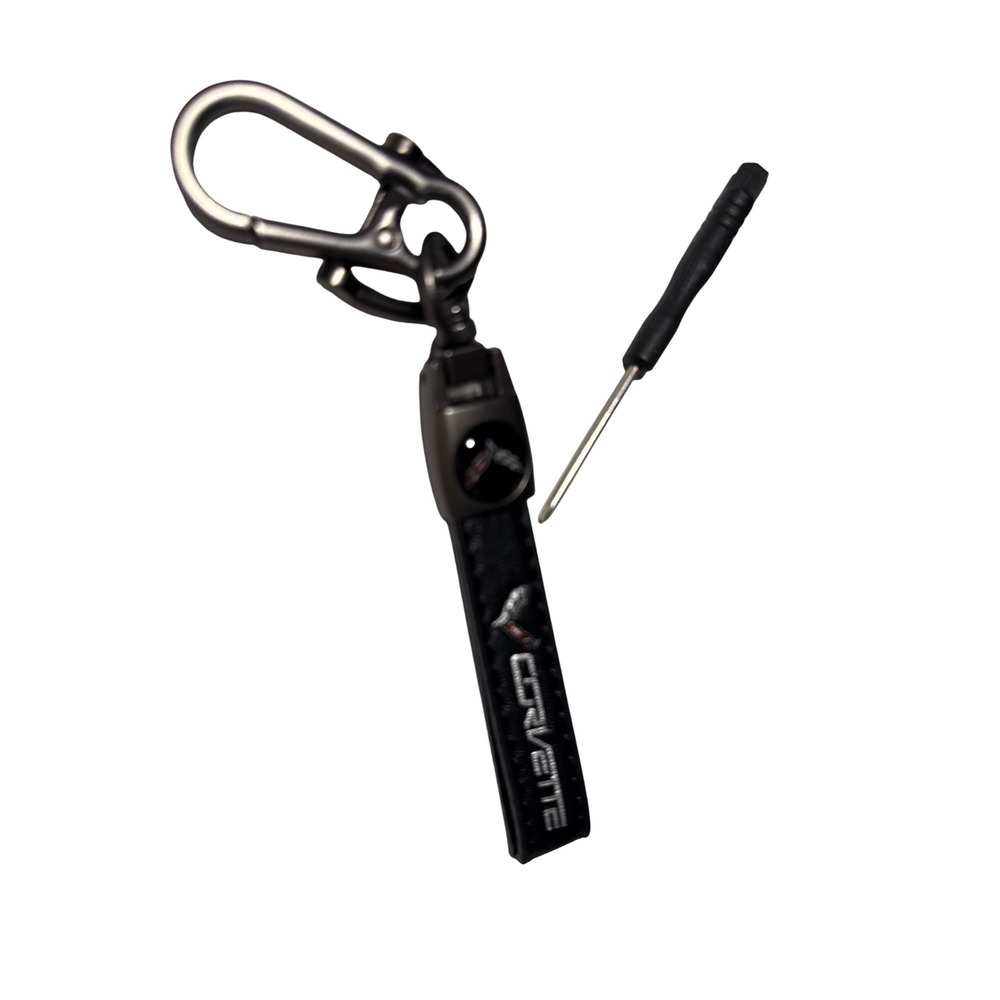 Chevrolet Corvette C7 Keychain Black Faux Leather Gunmetal Carabiner with Tool